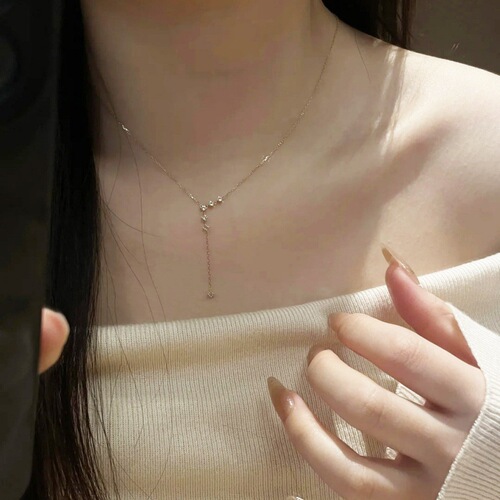 Chic Cold Moonlight Flash Diamond Sapphires Y-Shape Tassel Necklace for Women Korean Version Unique Instagram Simple Elegant Versatile Clavicle Chain