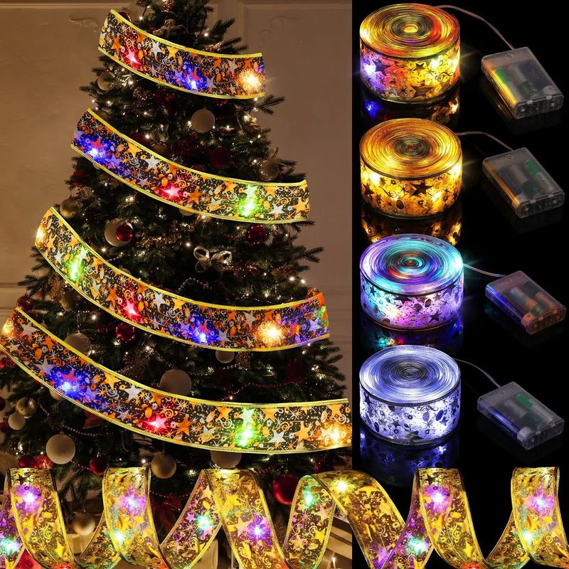 リボンライトストリングledクリスマスリボンライト二重箔押し発光サテンライトクリスマスツリー装飾祝日カラーライトストリング|undefined