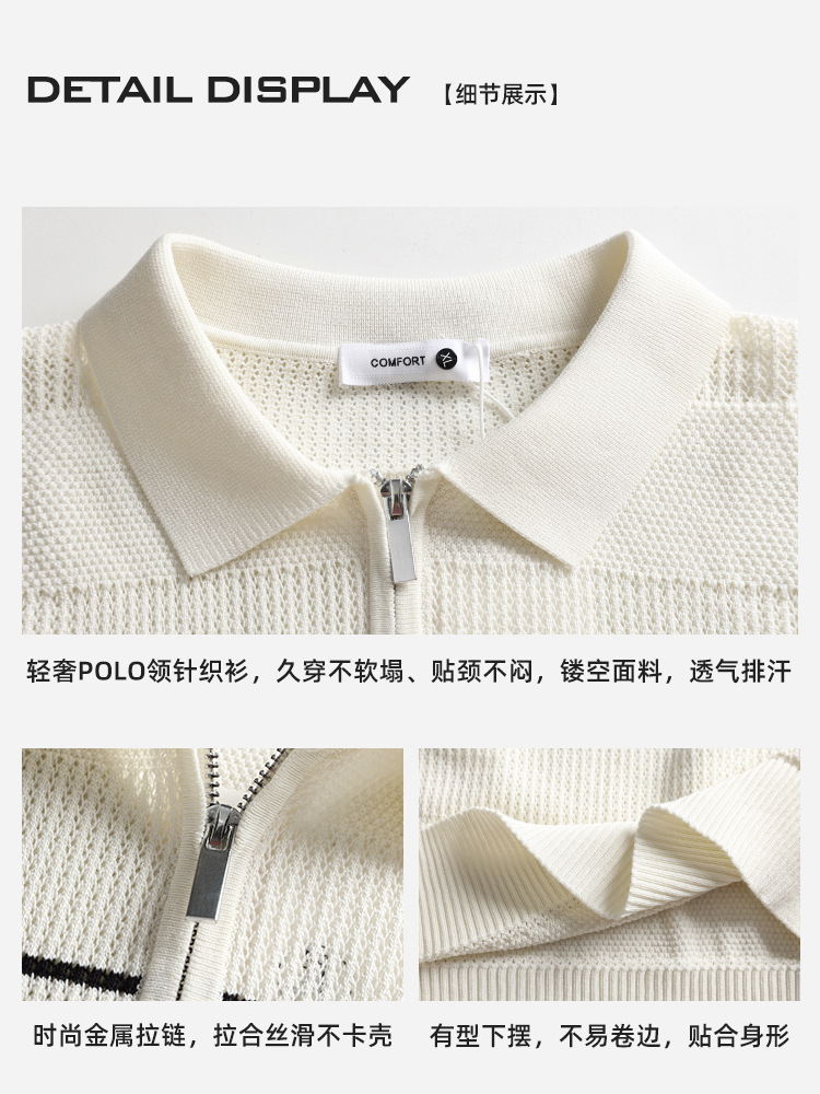 Cross-border hombre hielo de punto camisa de polo de manga corta lujo ligero negocio casual con collar rayas agujeradas camisa de polo hombre