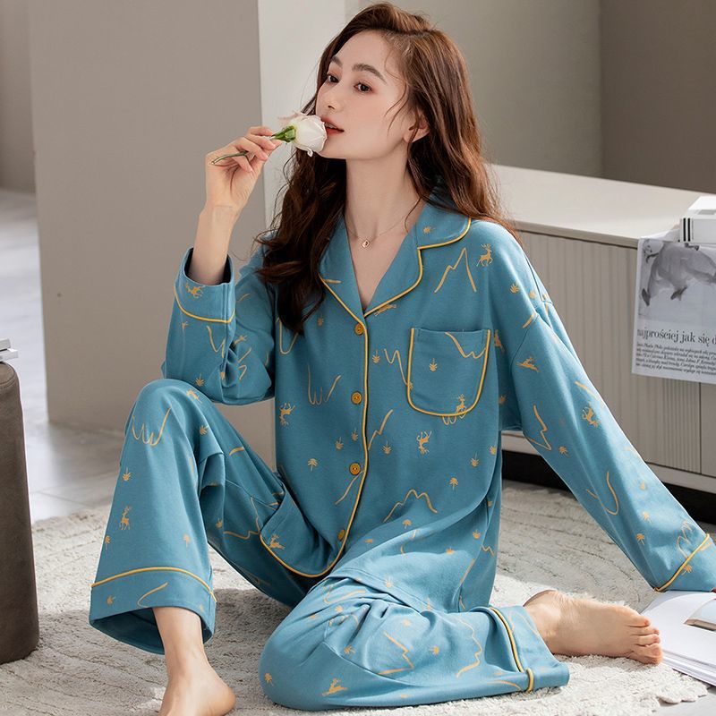 Pijamas de alta gama 100% algodón de las mujeres de primavera y otoño de manga larga cardigan de alta gama dulce ropa de abrigo homewear traje