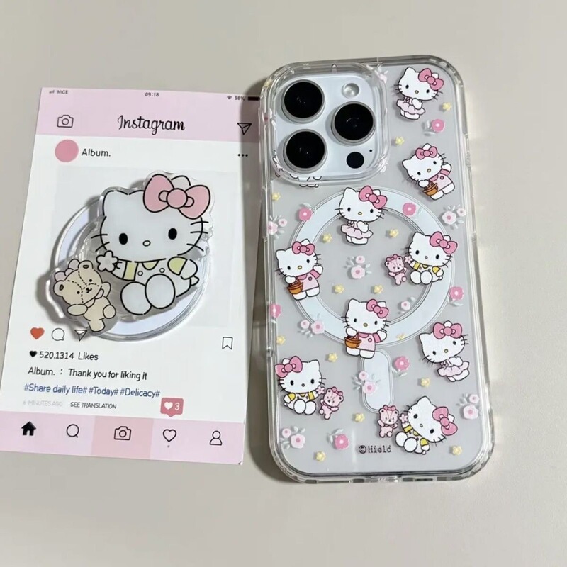 Crushed Flower Kitty Cat with Magnetic Bracket for Apple 16promax Phone Case 15/14 Soft 13 Female 1211