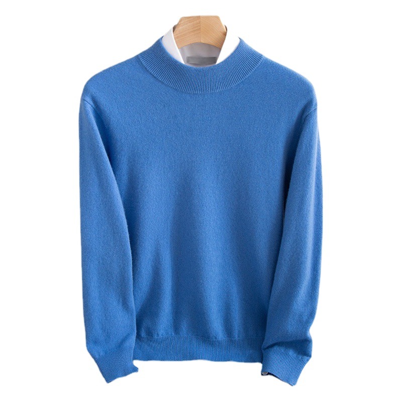 Autumn and Winter New Half Turtleneck Wool Sweater Men's 100 Wool Sweater Young and Middle-Aged Pure Color Loose V Neck Knitted Bottoming Shirt