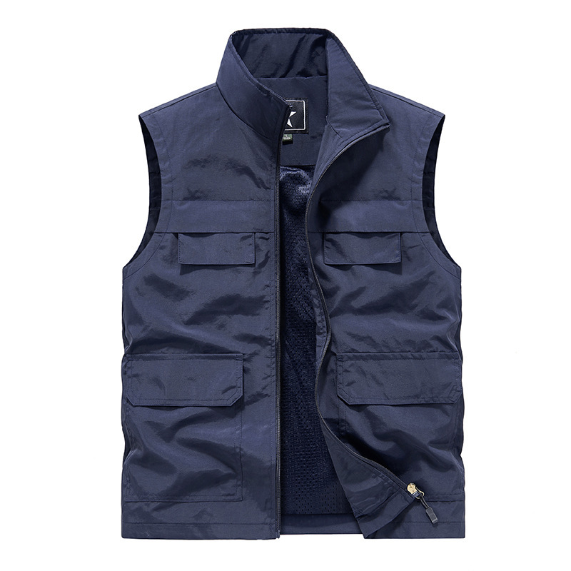 Spring and autumn new men's solid color stand collar multi-pocket multi-functional outdoor windproof waterproof leisure photography vest