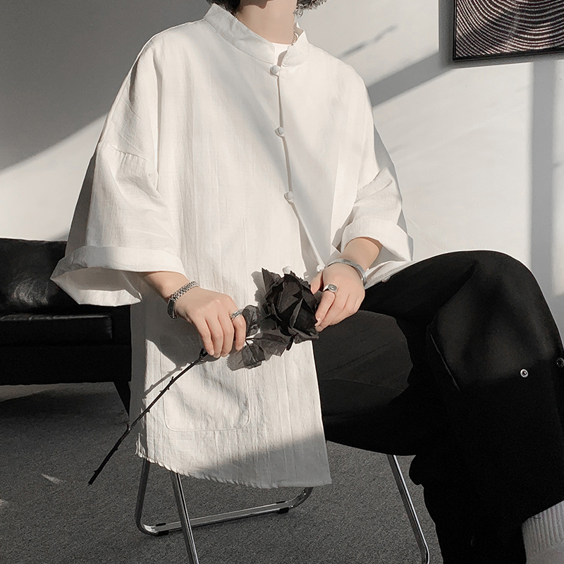 Nuevo estilo chino hebilla Tang traje de los Hombres estilo nacional de lino de manga corta Camisa de verano más el tamaño de algodón y lino Hanfu Bata