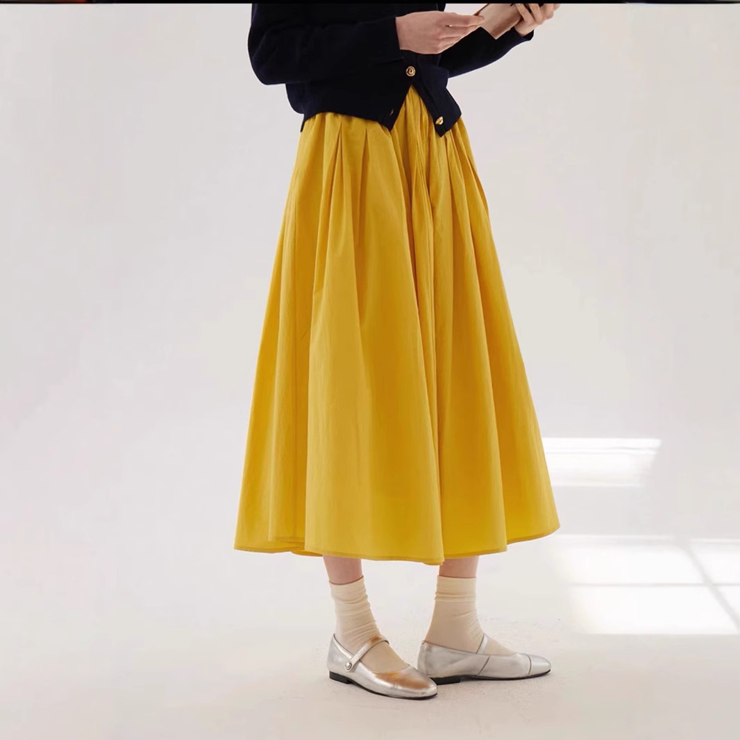 Sullenge 26 Spring Bright Yellow Skirt Xinjiang Long-Staple Cotton Elastic Pleated Flared Skirt High Waist