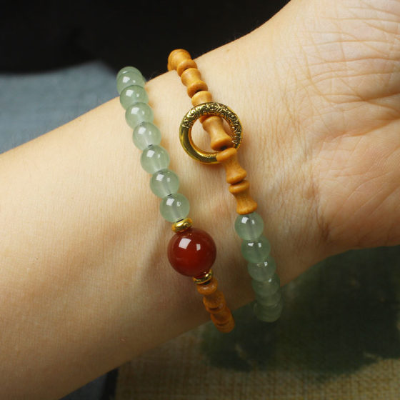 6MM Sandalwood Bamboo Double Circle Bracelet Imitation Dongling Jade Light Luxury Women's Bracelet DIY Running Ring Wen Play Buddha Bead Hand Jewelry