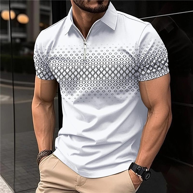 Cross-Border Amazon Aliexpress Summer New Men's Short-Sleeved Polo Shirt 3D Digital Checkered Print Zipper Polo