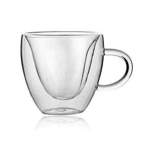 New creative double-layer heart-shaped glass cup with logo printing, handle, suitable for hot water, heart-shaped glass coffee cup