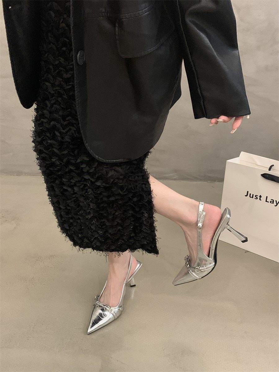 Design Sense Silver Pointed Toe High Heel Sandals For Women Summer New Elegant Socialite Versatile_vogvips.com