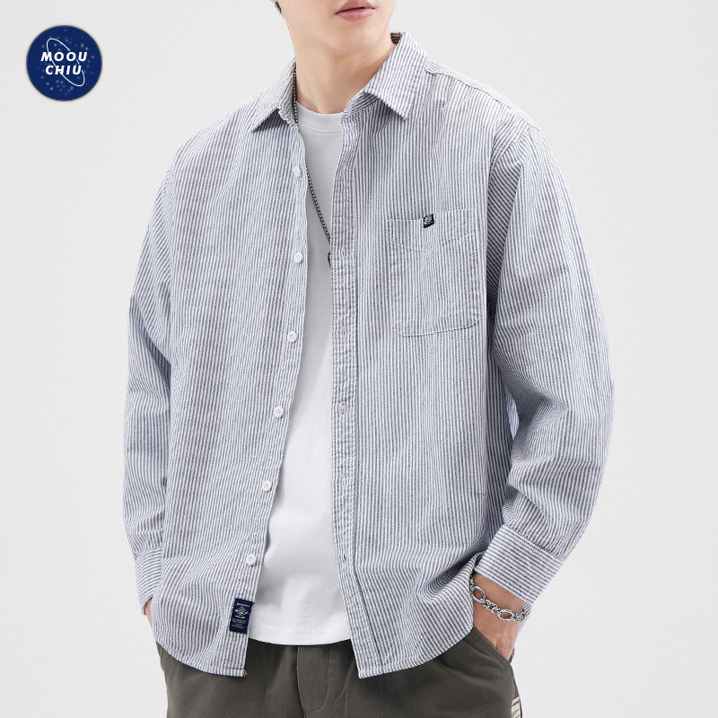 Muqiu Men's Wear ∠ Autumn New Boyfriend Style Striped Shirt Men's Loose Retro Commuting American Casual Shirt Muqiu Men's Wear ∠ Autumn New Boyfriend Style Striped Shirt Men's Loose Retro Commuting American Casual Shirt