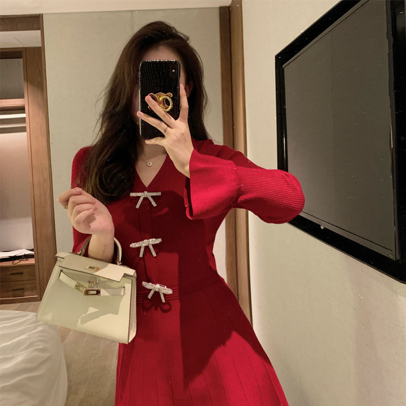 Goddess Fan Engagement Dress Usually Wearing Temperament Women's Tight Waist Slimming High-end Red Knitted Dress