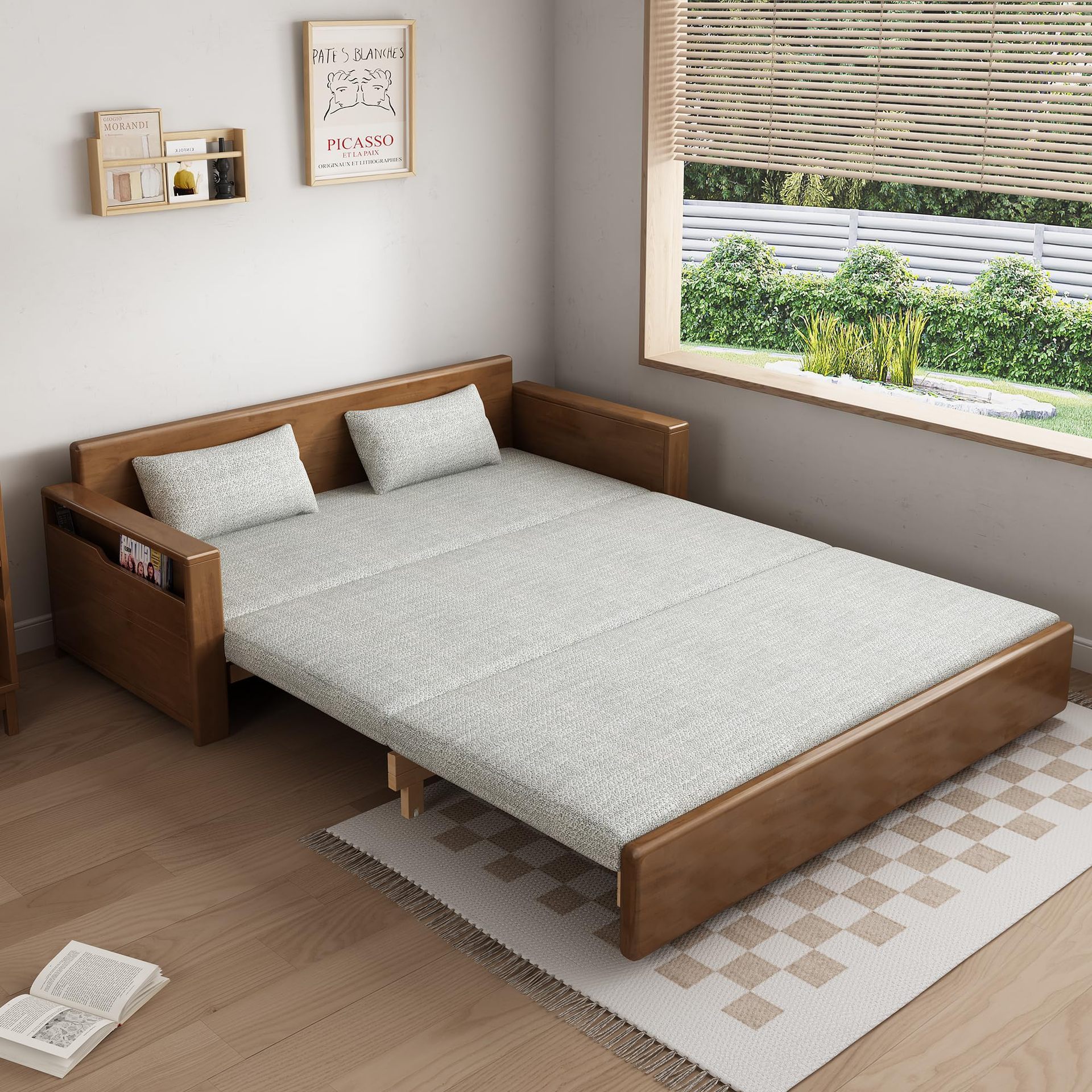 Solid Wood Foldable Sofa Bed Dual-Purpose Living Room Multi-Functional Small Apartment Sitting and Sleeping Single Bed Removable and Washable Double Sofa