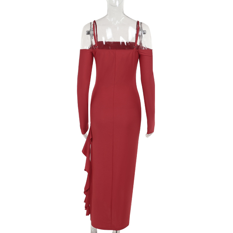 Elegant off the Shoulder Gown Split Dress Women Adult Lady like Woman Sexy Slim Hip Dress
