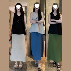 时尚套装裙女2025夏季新款洋气显瘦V领背心亚麻半身裙休闲两件套