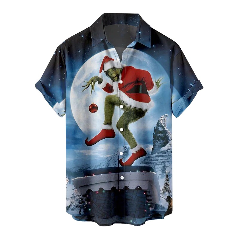 2025 New Casual 3D Printed Shirt Digital Printed Short Sleeve Cross-Border Christmas Green Furry Grinch Series