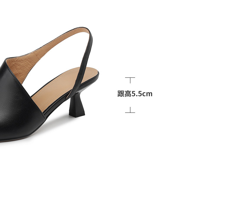 Giày sandal cao gót nữ mũi nhọn kiểu Pháp, da bò thật, gót mèo, hở mũi hở lưng — đen chi tiết 3