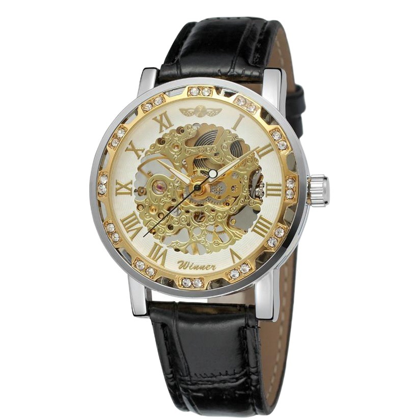 T-winner correa de los hombres reloj mecánico manual hueco transparente inferior moda reloj casual reloj mecánico 614