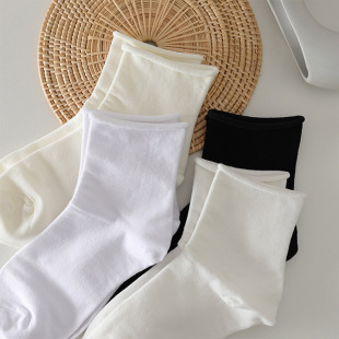 Spring and Autumn Curl Mid-length Socks Women's Moon Socks Solid Color Japanese Style White Socks Breathable All-match Thin JK Loose Socks