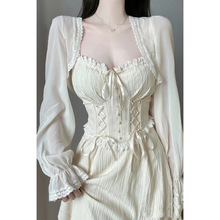 法式温柔纯欲风收腰蕾丝吊带连衣裙雪纺开衫仙女防晒罩衫两件套女