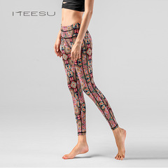 亞馬遜新款瑜伽服褲女印花高腰緊身不勒時尚修身九分褲運動褲批發