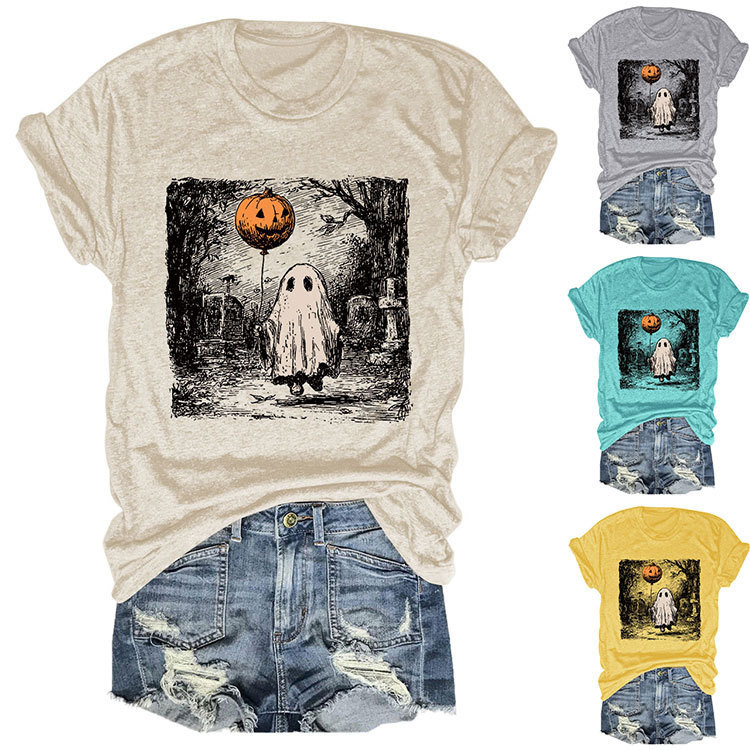 2025 Amazon Ebay Independent Station Fun and Fashionable Ladies Ghost Pumpkin Balloon Round Neck Short-Sleeved T-Shirt New Product