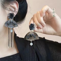 新中式复古黑灰水墨玫瑰花扇形流苏耳环高级感气质古风旗袍耳饰女