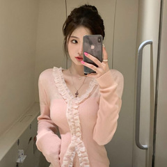 纯欲风粉色V领木耳边长袖内搭针织衫女秋冬新款洋气独特别致上衣