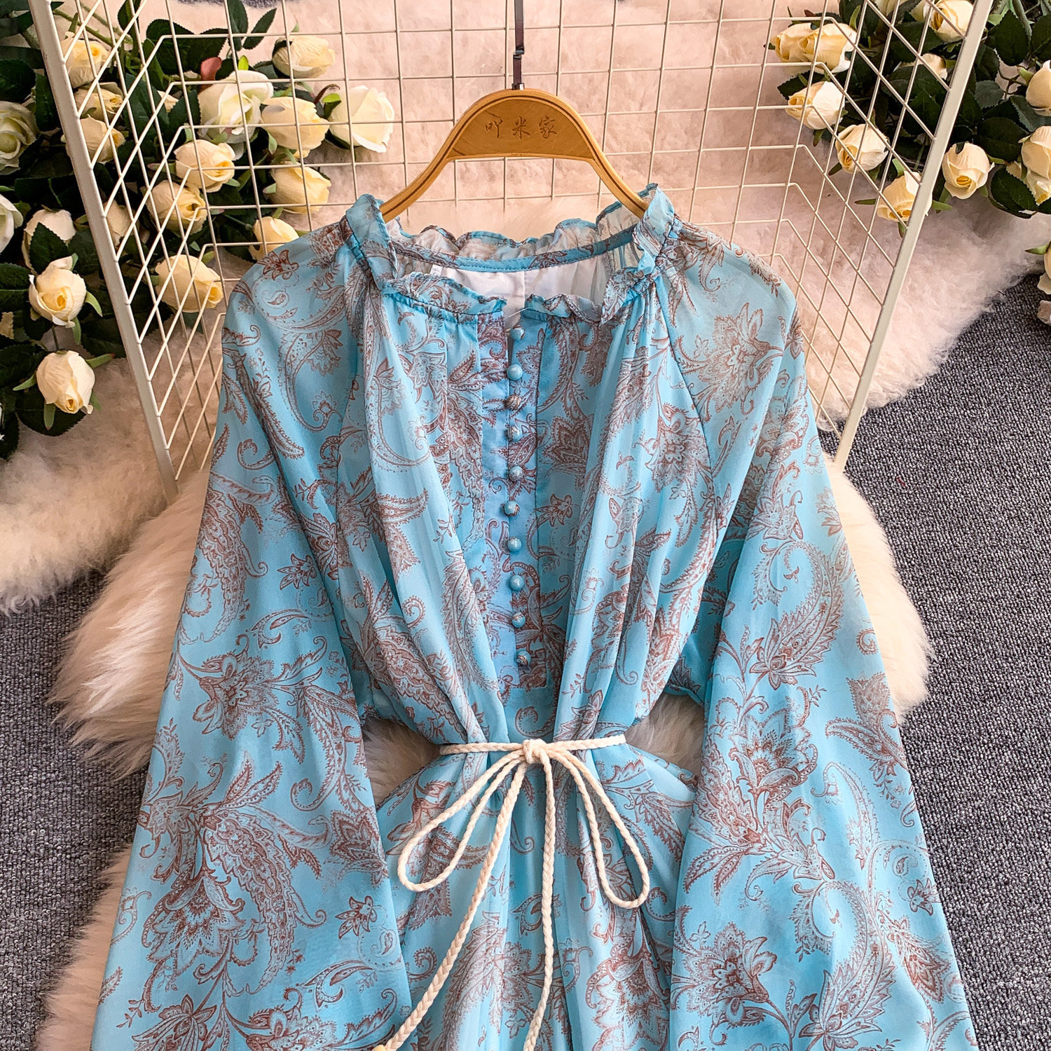 Elegant French Style Long Sleeve Dress Ruffled Collar Rope Waist Cinching Chiffon Printed Maxi Summer Retro Dress_ecoleips.com