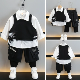 男童衬衫马甲三件套2025春秋新款中小童帅气宝宝衣服网红时髦春装