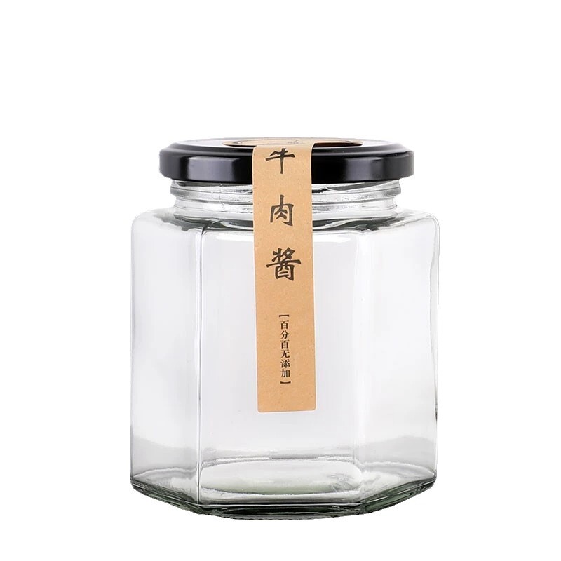 六角形のガラス瓶、蓋付き食品グレードの蜂蜜瓶、レモンペースト、チリジャム用の特別なボトル 0.5kg 個|undefined