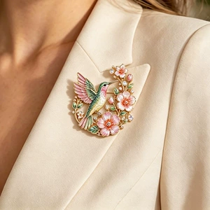 New European and American cross-border style peach blossom hummingbird brooch with diamonds for women, fashionable enamel high-end niche design
