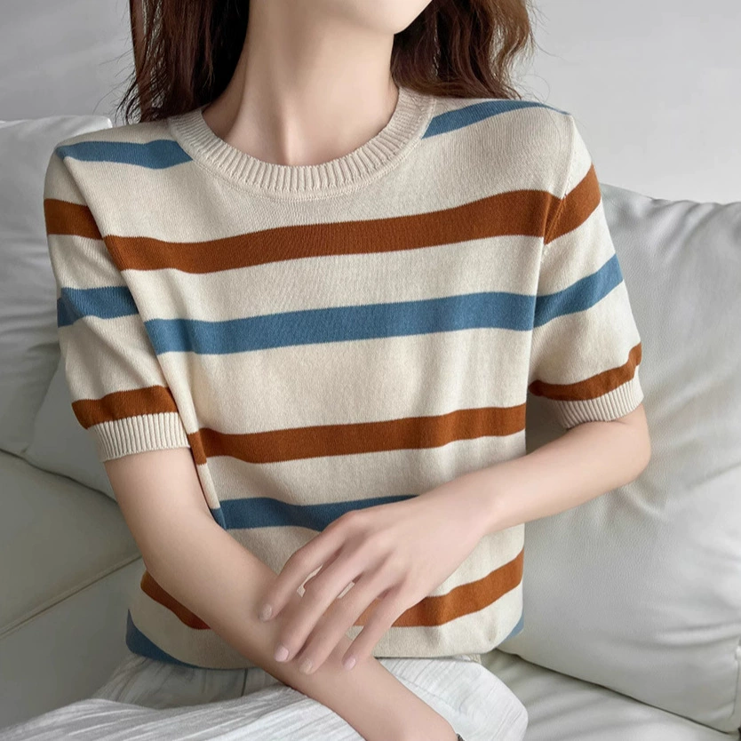Трикотажный свитер в полоску с короткими рукавами, женский летний новый тонкий, свободный, худой, повседневный, круглый воротник