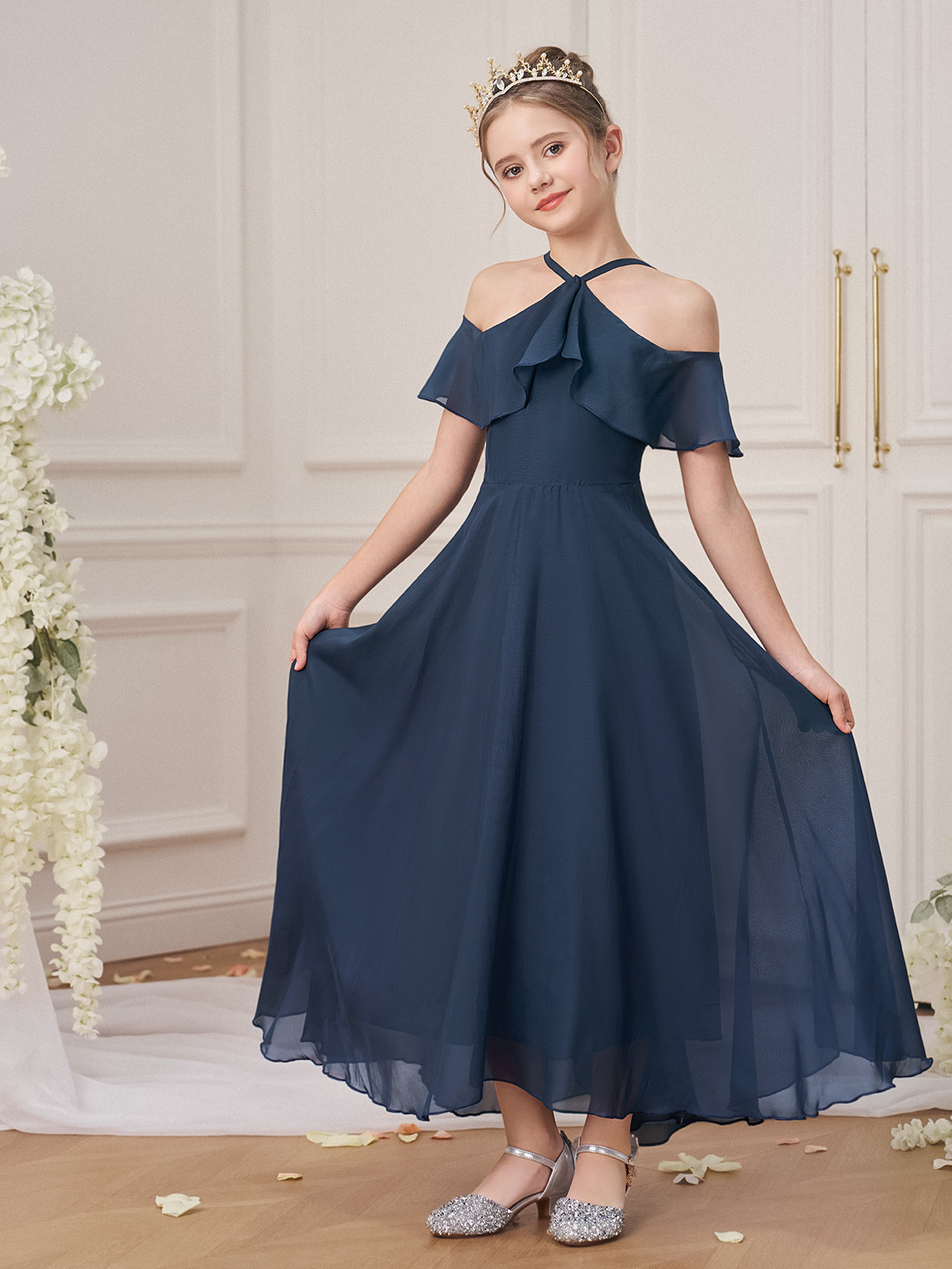 2025 nuevo vestido de cuello halter para niños grandes, falda larga de gasa de color sólido de verano, falda grande sin tirantes, falda, traje de baile