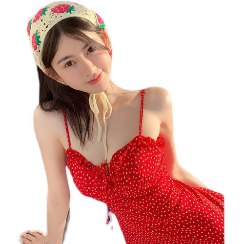 Summer Hot Girl Red Floral Print Bodycon Tank Dress for Women V-Neck Drawstring Slimming Waist A-Line Short Skirt
