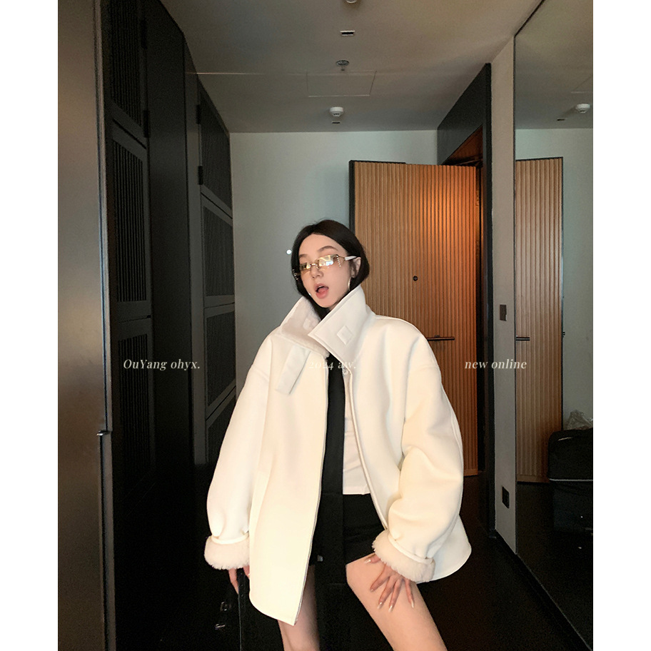 Ouyang Fur Integrated Stand-Up Collar Lamb Wool Jacket for Women in Winter, High-End Loose Retro Motorcycle Jacket