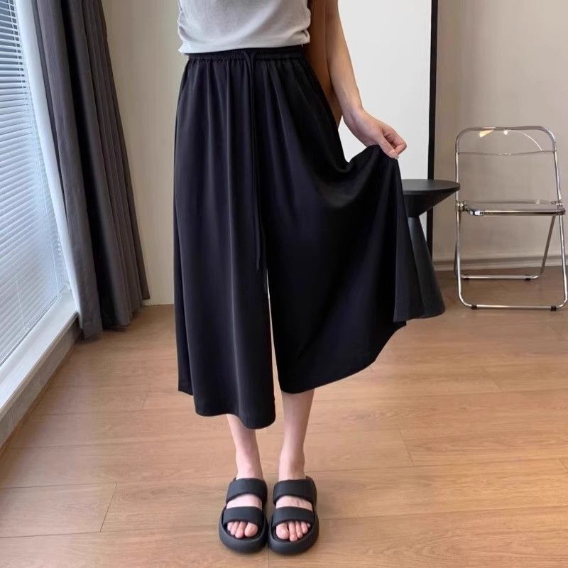 plus size Casual Pants Skirt Women's Summer Thin Pear-Shaped chubby girl High-Waist Slim-Fit Loose Cropped Ice Silk Wide-Leg Pants