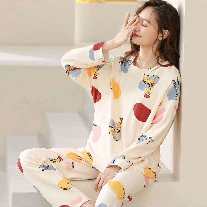Pijama de manga larga de primavera y otoño simple coreano estilo de estilo avanzado joven suelto cuello redondo en casa otoño y invierno conjunto