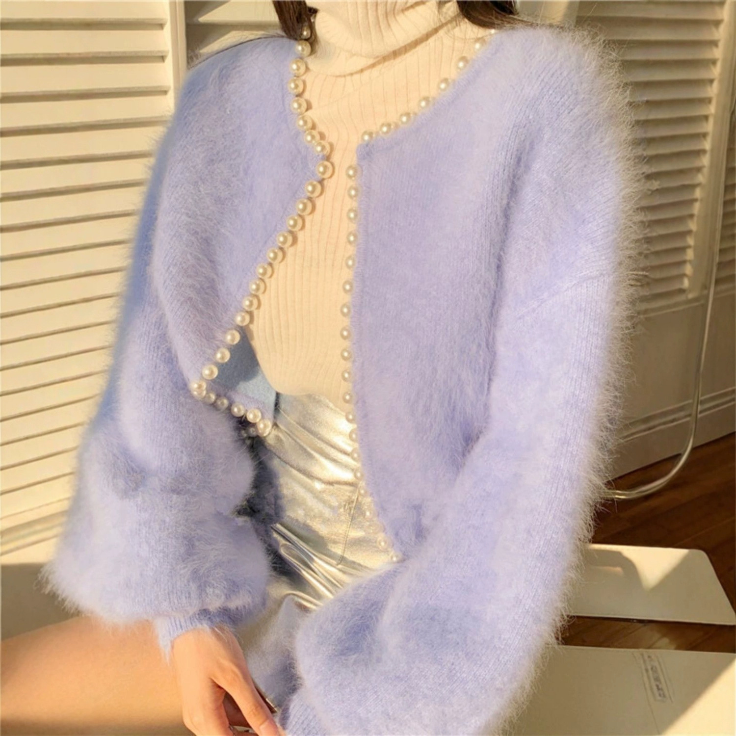 UNMUN2025秋冬加厚马海毛上衣珍珠灯笼袖小香风貂绒毛衣短款开衫