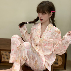 甜品熊日系甜美風パジャマ女性シルク長袖可愛い春秋家庭服セット卸売り