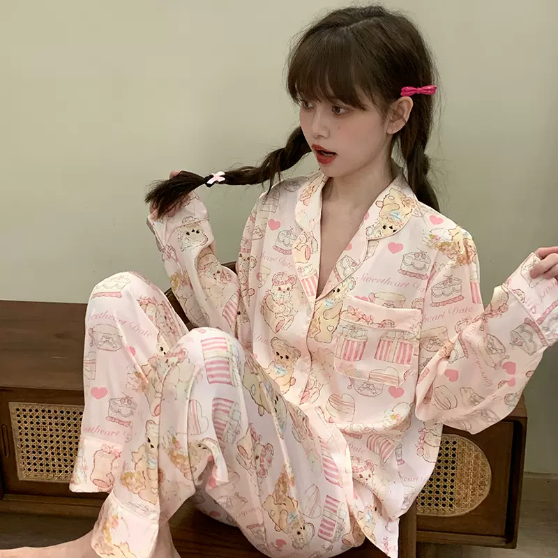 甜品熊日系甜美风睡衣女丝绸长袖可爱春秋家居服套装批发