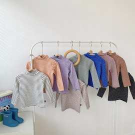 儿童半高领条纹打底衫 男女童中领长袖T桖2023新款男宝宝高领上衣