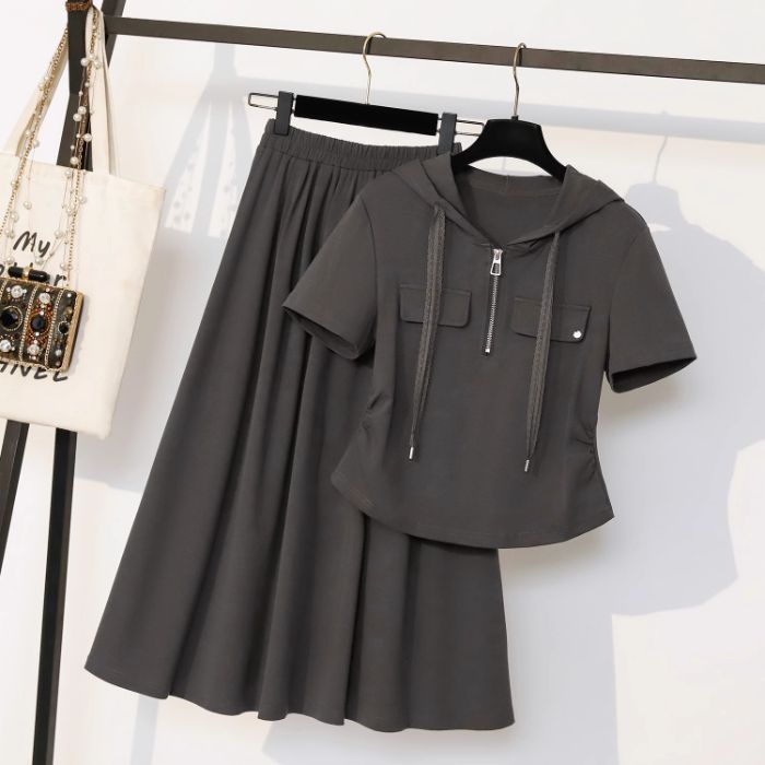 大きいサイズmm夏服、ファッショナブルでスリムなmmスーツ、レディース夏用フード付き半袖Tシャツ、ハイウエストスカート2枚|undefined