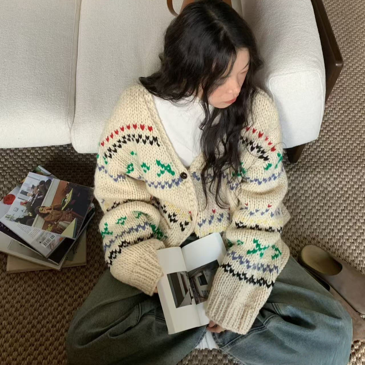 现 25新品东大门整件纯手工编织handmade厚实大开衫外套宽松开衫