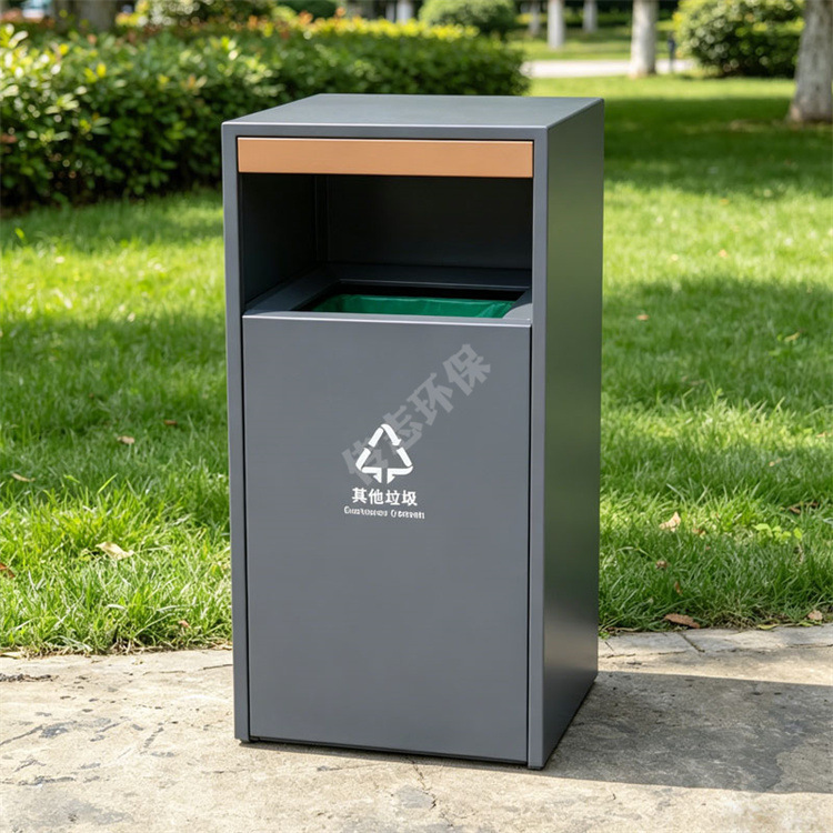 Indoor Shopping Mall Commercial Square Powder-Coated Galvanized Iron Trash Bin with Metal Peel Bin and Fiberglass Inner Liner