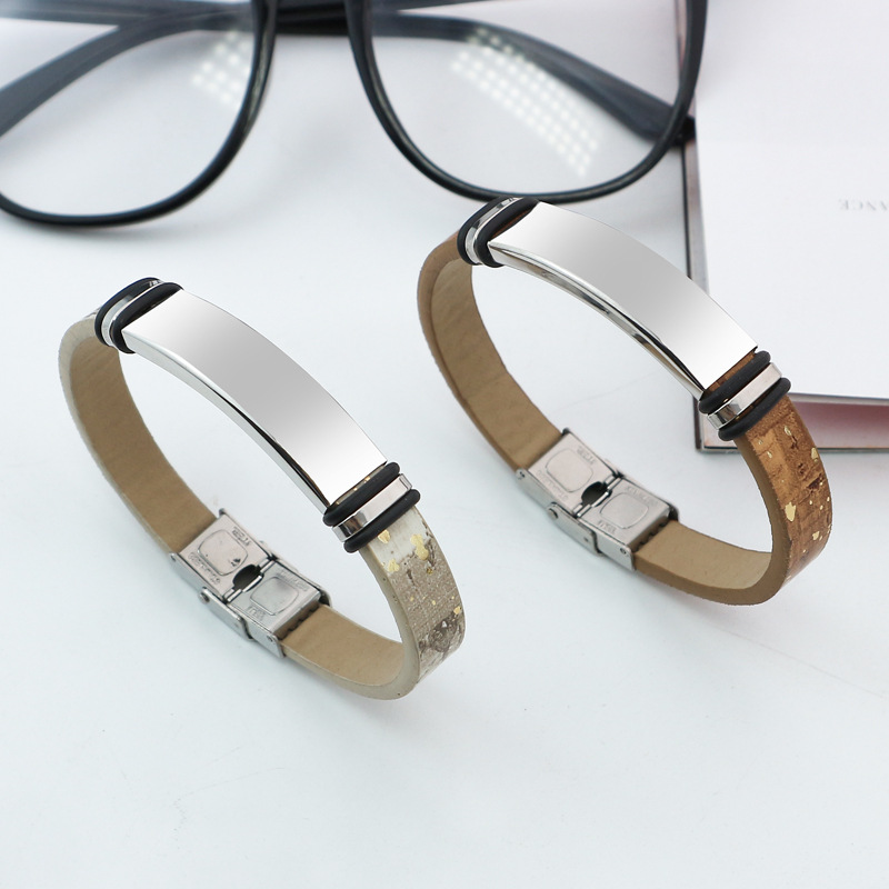 European and American cross-border titanium steel jewelry PU leather stainless steel glossy personalized custom LOGO men's couple bracelet wholesale