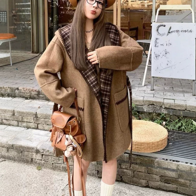 Alpaca Wool Reversible Hooded Drop-Shoulder Sleeve Hidden Button Tie Large Pocket Mid-Length Double-Sided Wool Coat for Women Alpaca Wool Reversible Hooded Drop-Shoulder Sleeve Hidden Button Tie Large Pocket Mid-Length Double-Sided Wool Coat for Women