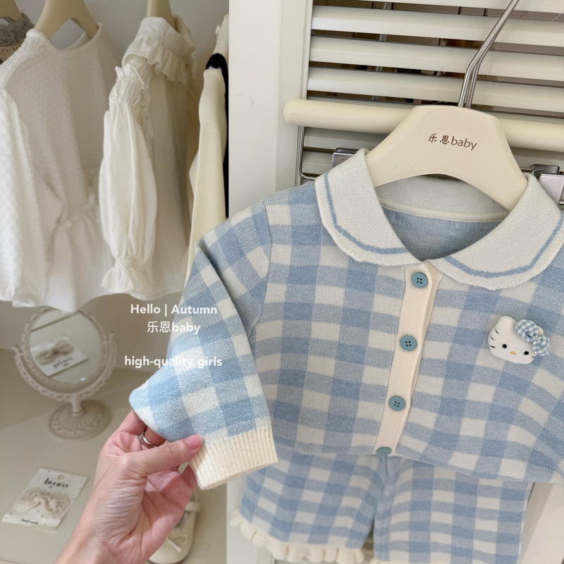 【乐恩童装】原创设计秋冬女童小香风蓝子上衣针织裤毛衣格子套装|undefined