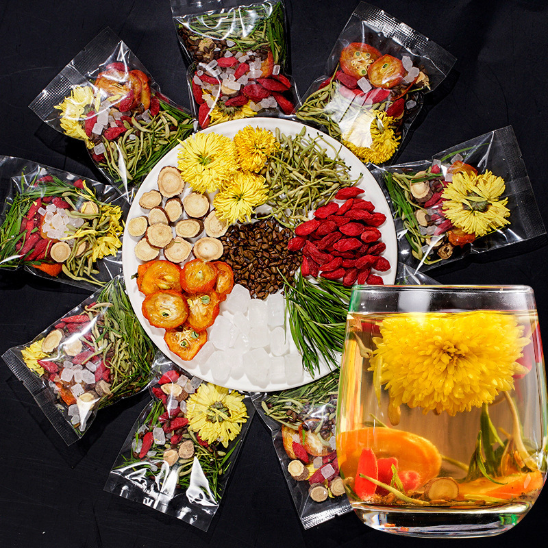 Honeysuckle, chrysanthemum, wolfberry, bamboo leaf tea, chrysanthemum, cassia seed tea, licorice, dried kumquat, light bamboo leaf combination tea, health care tea