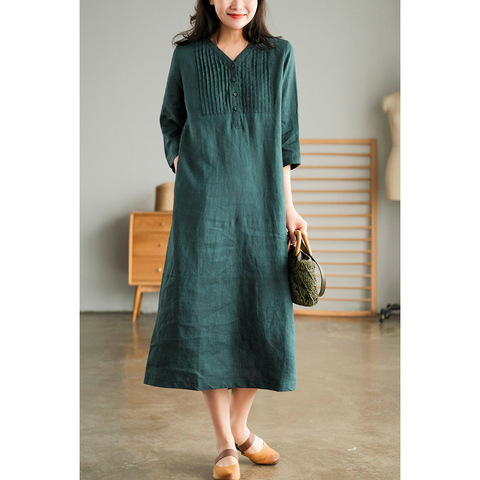 2024 spring and summer new style artistic linen five-quarter-sleeve fashionable age-reducing fashionable V-neck thin over-the-knee long dress