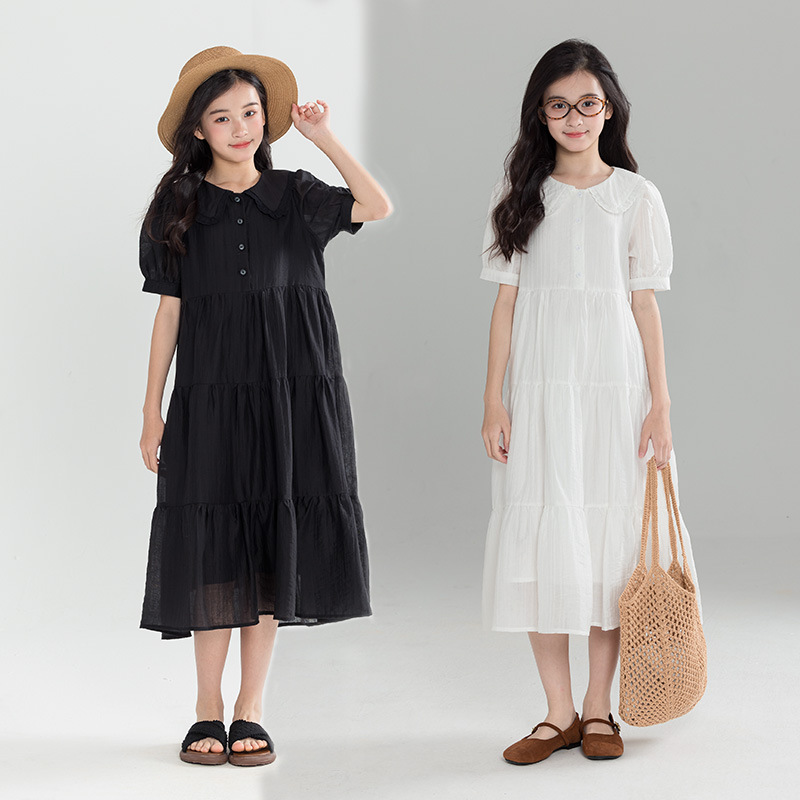 2026 New Style Stylish Lace Collar Doll Cake Dress, School Style, Long Summer Parent-Child Dress for Girls and Children (Middle and Large Sizes)